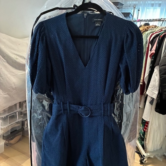 Blue Eyelet Belted Romper Puff Sleeve Flare Short Club Monaco - Picture 3 of 5